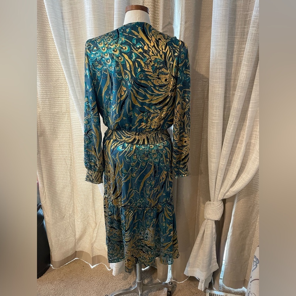 White House Black Market burnout smocked dress Teal and Gold Long Sleeve Dress - Picture 14 of 15